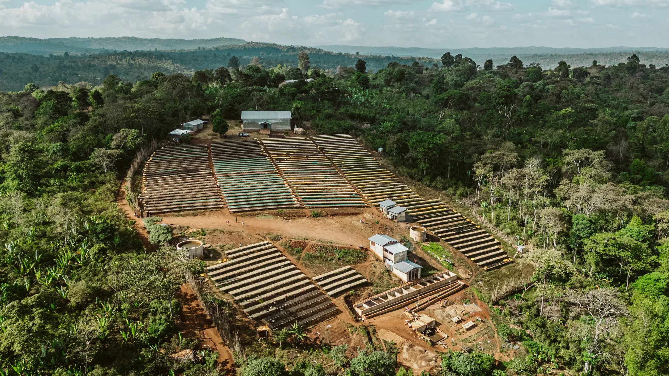 Aerial view of a coffee station surrounded by green highlands