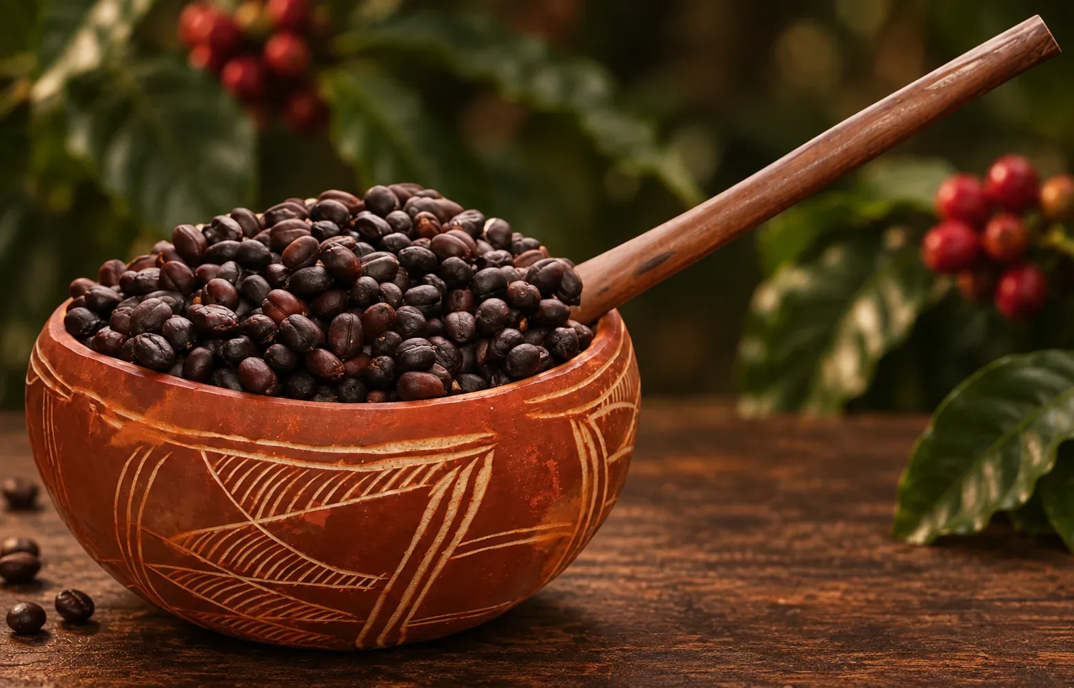 Traditional carved Buna Qalaa coffee bowl filled with coffee beans