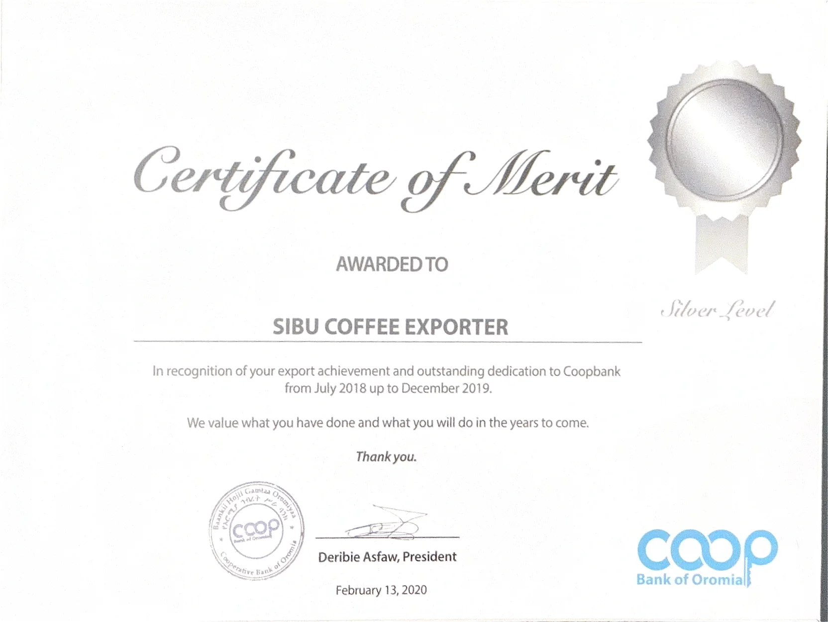 Cooperative Bank of Oromia Certificate of Merit awarded to Sibu Coffee Exporter