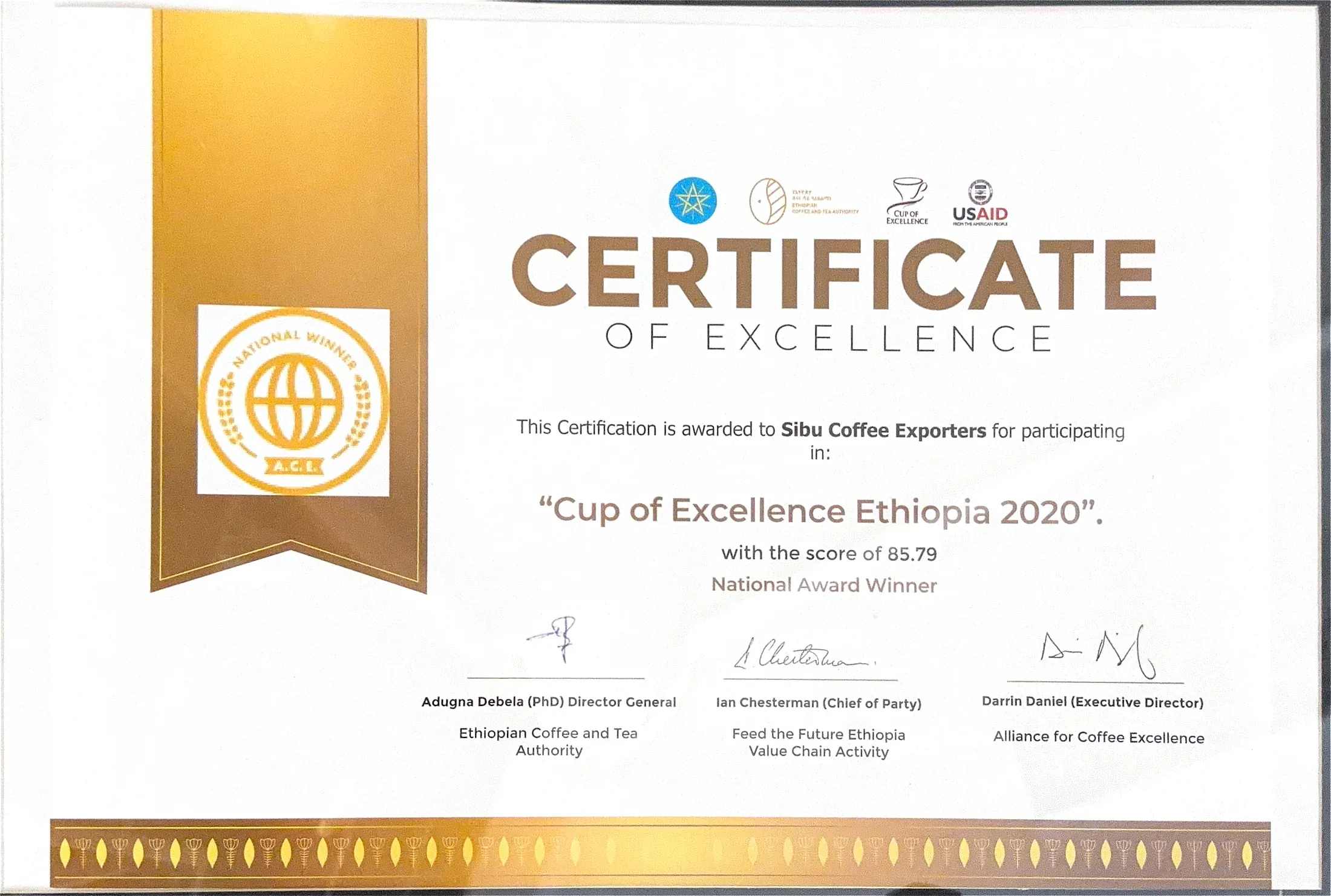 Cup of Excellence Ethiopia 2020 National Award Winner certificate for Sibu Coffee Exporters