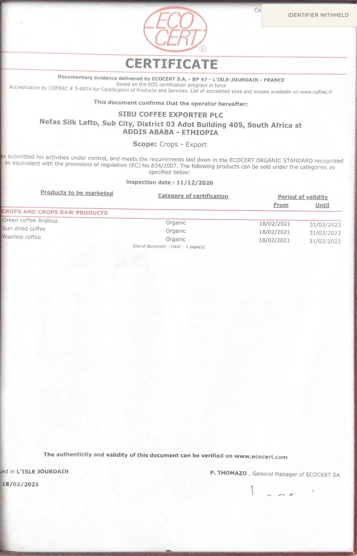 Historical Ecocert organic certificate for Sibu Coffee Exporter PLC