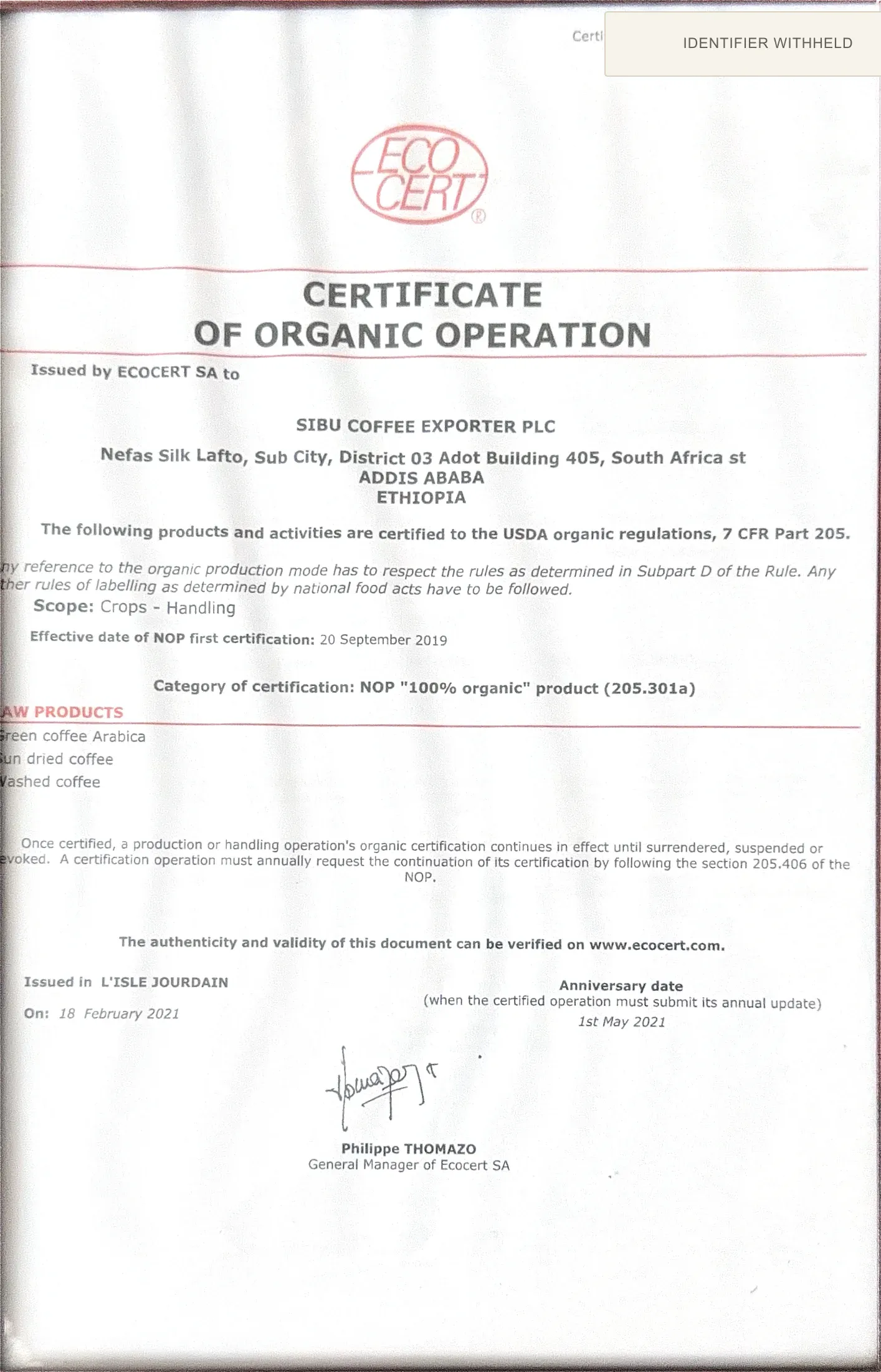 Historical 2021 Ecocert NOP organic-operation certificate for Sibu Coffee Exporter PLC