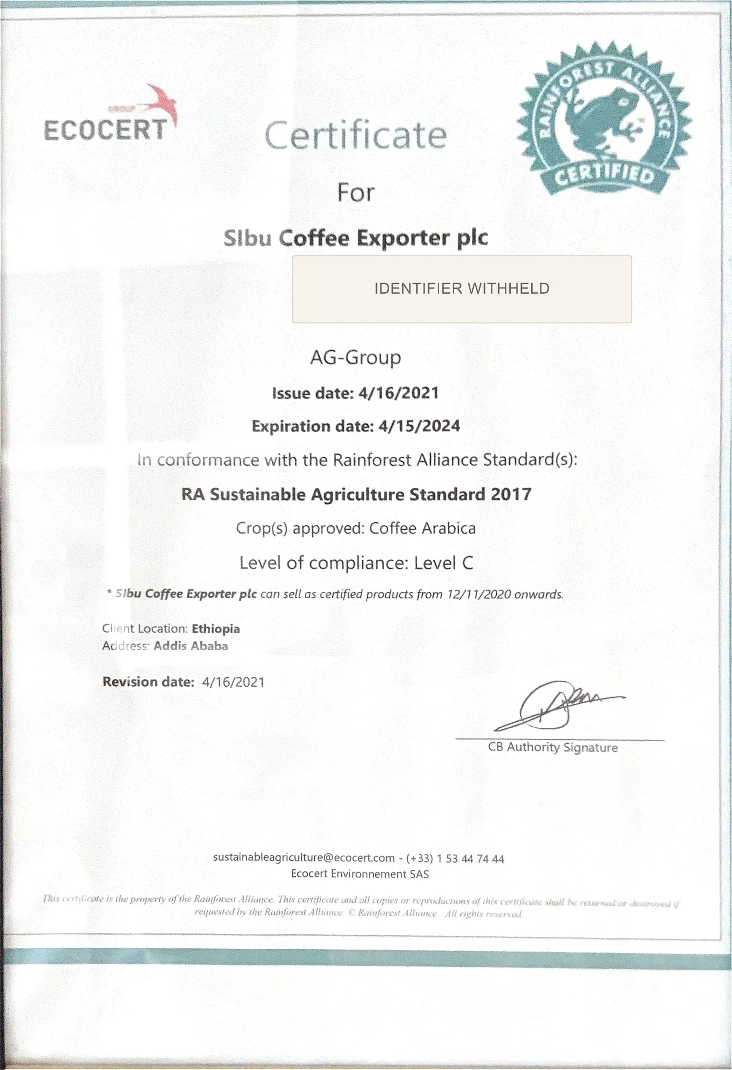 Historical Rainforest Alliance certificate for Sibu Coffee Exporter PLC